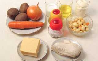 Салат «Белая ночь» с курицей и грибами с соусом на кефире